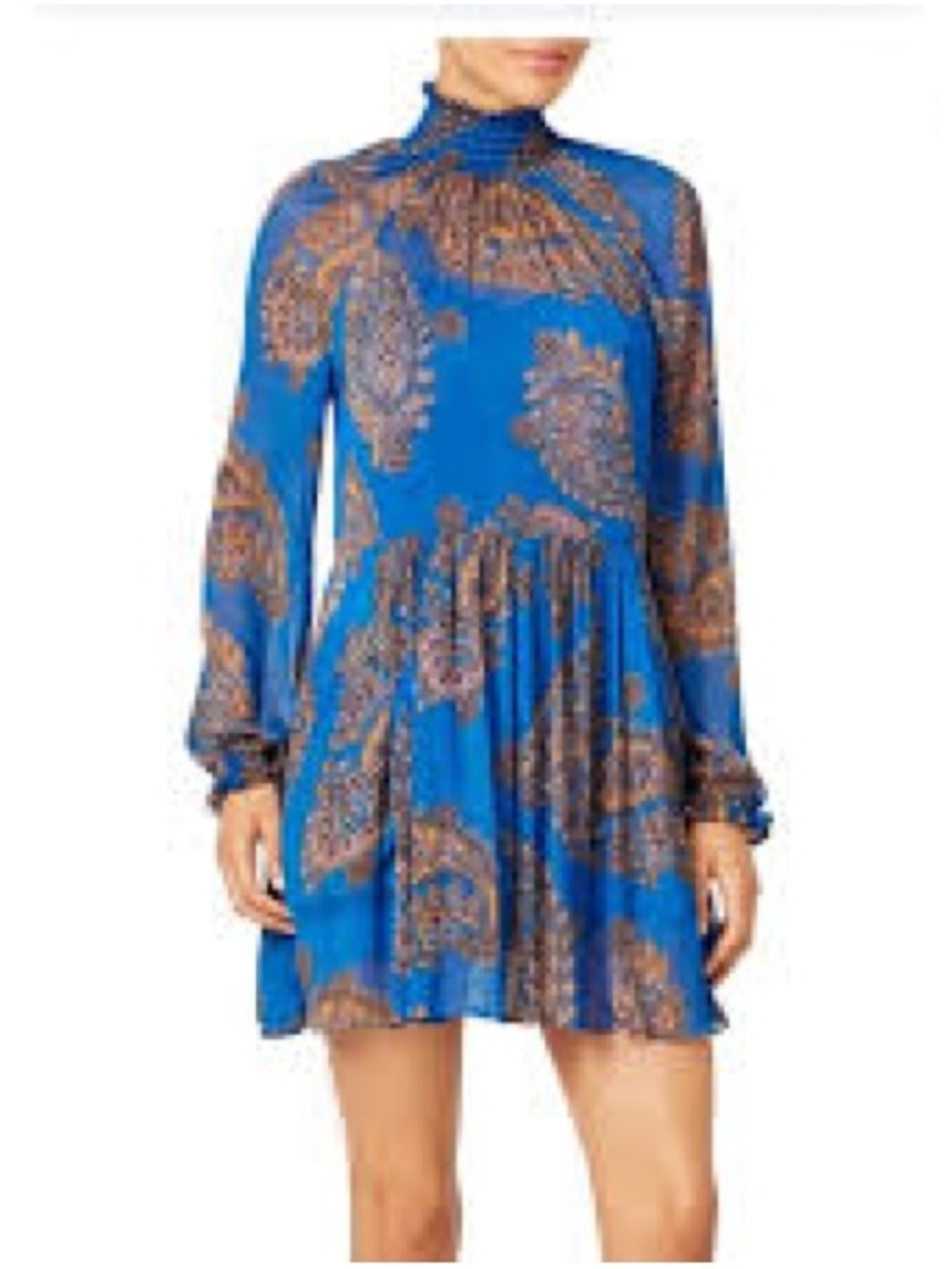 Free People Cobalt Blue Paisley High-Neck Long Sleeve Mini Dress